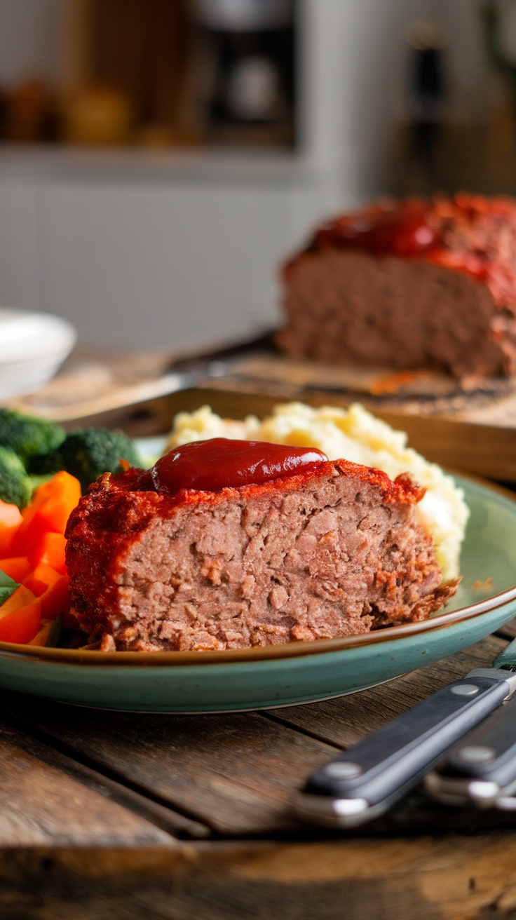 A slice of moist air fryer meatloaf with ketchup, accompanied by vegetables and mashed potatoes on a rustic table.